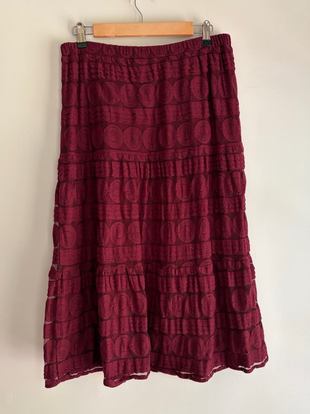Sundance Burgundy Cotton Blend Tiered Lace Overlay Midi Skirt Size M - Picture 4 of 6